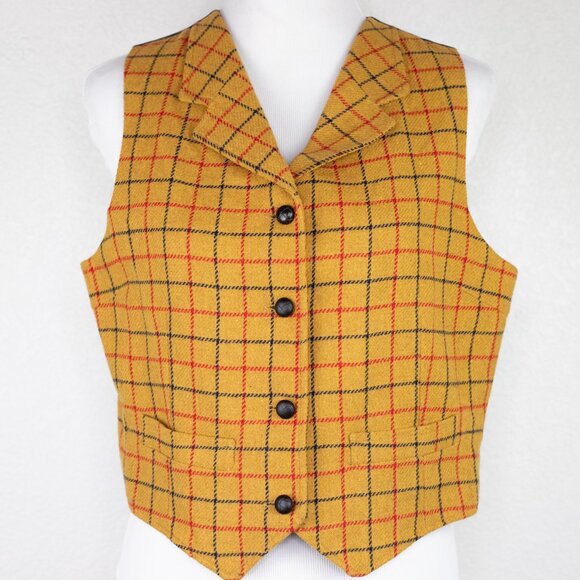 Vintage 90s GAP Mustard Plaid Wool Vest Unisex Medium Holiday Waistcoat - Picture 4 of 16